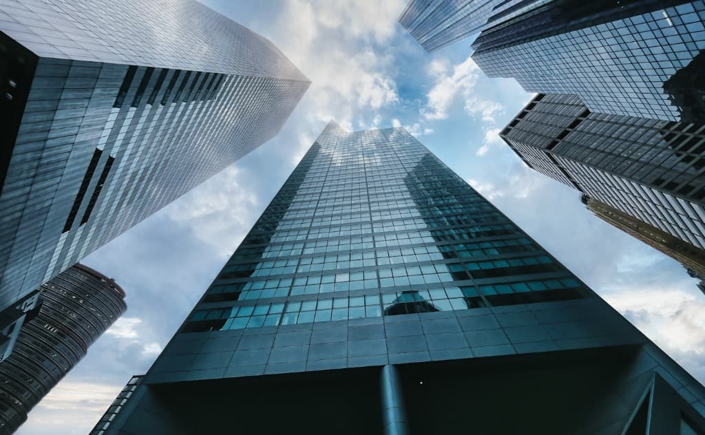 Modern glass high-rise skyscrapers low-angle view