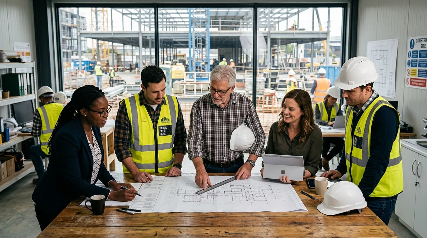 Indira Group Of Companies Team Collaborating on Construction Blueprint