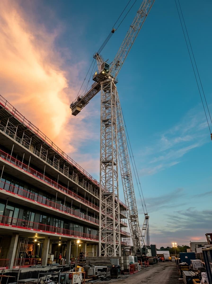 Modern Construction Tower Crane and High-Rise Architecture at Sunset